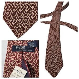 Vintage Polo Ralph Lauren Silk Tie Men Silk Hand Made USA Red Gold Paisley